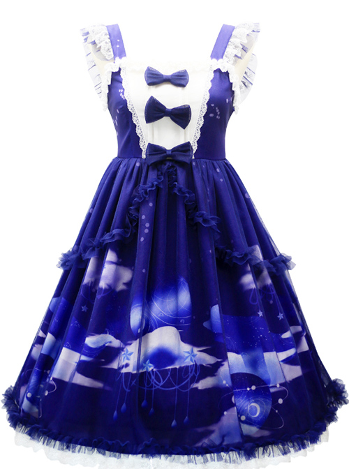 Dream Of Cloud Whale Series JSK Bowknot Navy Blue Sweet Lolita Sling Dress
