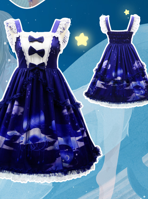 Dream Of Cloud Whale Series JSK Bowknot Navy Blue Sweet Lolita Sling Dress