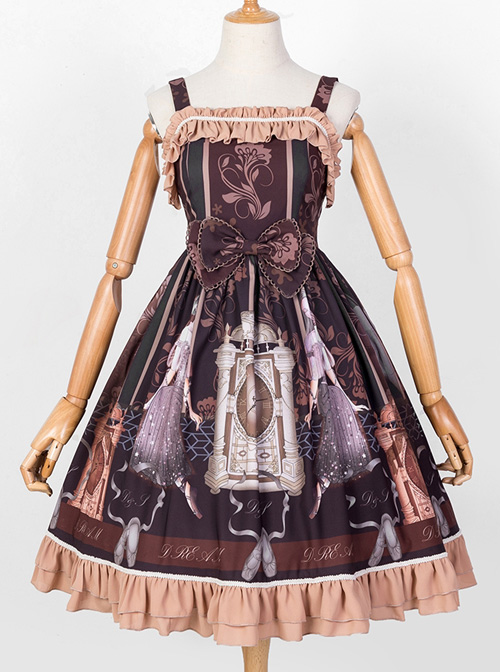 Sleeping Clock Series JSK Ruffle Brown Classic Lolita Sling Dress