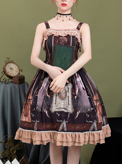 Sleeping Clock Series JSK Ruffle Brown Classic Lolita Sling Dress