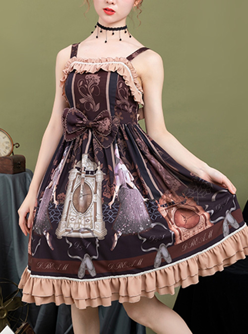 Sleeping Clock Series JSK Ruffle Brown Classic Lolita Sling Dress