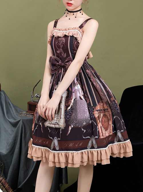 Sleeping Clock Series JSK Ruffle Brown Classic Lolita Sling Dress