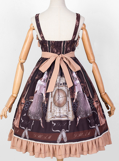 Sleeping Clock Series JSK Ruffle Brown Classic Lolita Sling Dress