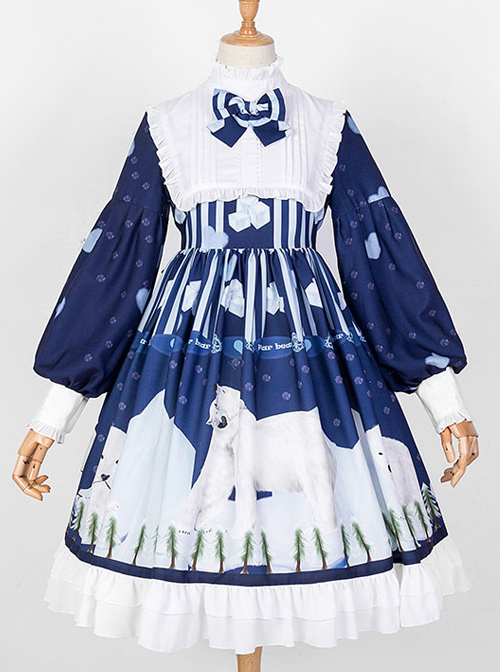 Ice Bear Island Series OP Bowknot Blue Classic Lolita Long Sleeve Dress