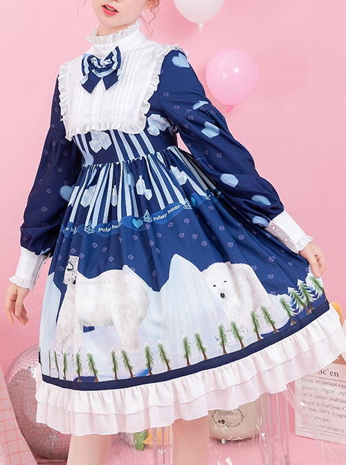 Ice Bear Island Series OP Bowknot Blue Classic Lolita Long Sleeve Dress