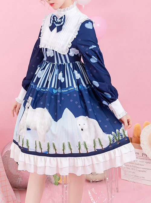 Ice Bear Island Series OP Bowknot Blue Classic Lolita Long Sleeve Dress