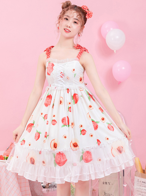 Summer Honey Peach Series JSK Honey Peach Printing White Sweet Lolita Sling Dress