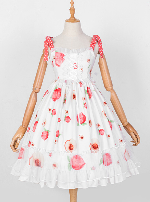 Summer Honey Peach Series JSK Honey Peach Printing White Sweet Lolita Sling Dress