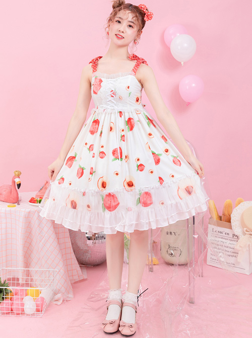 Summer Honey Peach Series JSK Honey Peach Printing White Sweet Lolita Sling Dress