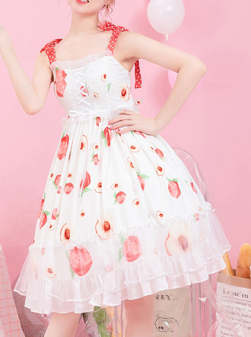 Summer Honey Peach Series JSK Honey Peach Printing White Sweet Lolita Sling Dress