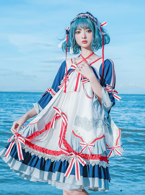 Snow White Series OP Navy Palace Style Classic Lolita Short Sleeve Dress