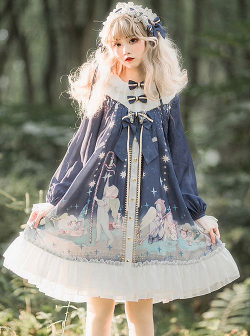 Little Prince Series OP Printing Bowknot High Waist Sweet Lolita Long Sleeve Dress