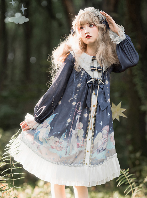 Little Prince Series OP Printing Bowknot High Waist Sweet Lolita Long Sleeve Dress