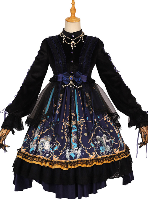 Divine Salvation Series OP Printing Retro Gothic Lolita Long Sleeve Dress Set