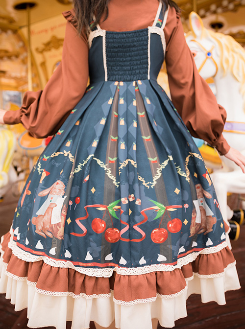 Distance Christmas Series JSK Open Front Cute Printing Retro Pastoral Style Sweet Lolita Sling Dress