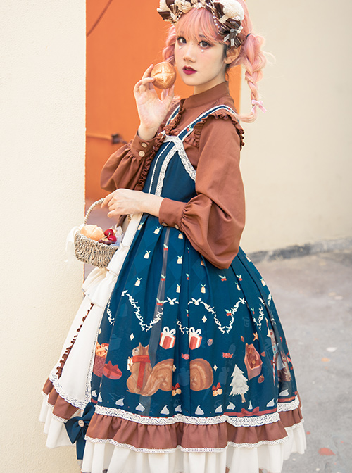 Distance Christmas Series JSK Open Front Cute Printing Retro Pastoral Style Sweet Lolita Sling Dress