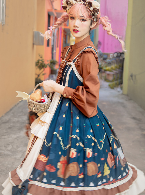 Distance Christmas Series JSK Open Front Cute Printing Retro Pastoral Style Sweet Lolita Sling Dress