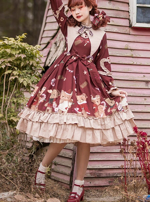 The Sweetheart Bear Tea Party Series OP Sweet Lolita Long Sleeve Dress