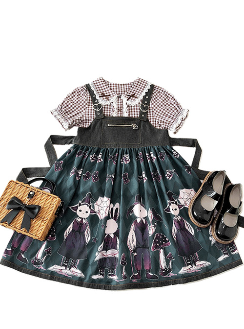 Poisonous Mushrooms Series JSK Denim Stitching Sweet Lolita Sling Dress