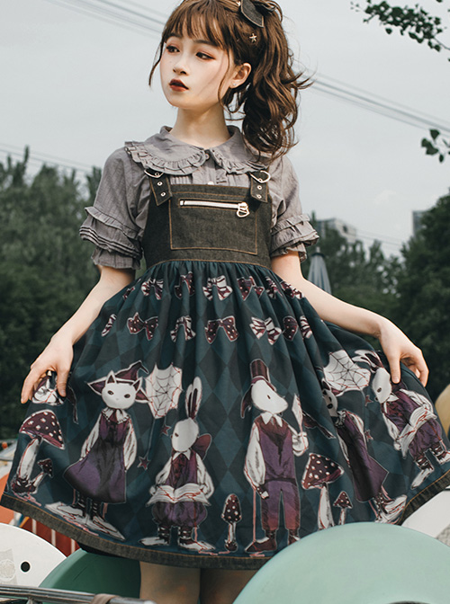 Poisonous Mushrooms Series JSK Denim Stitching Sweet Lolita Sling Dress