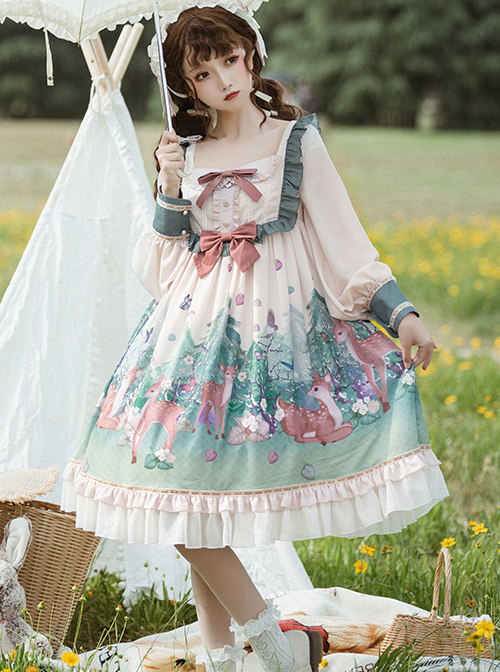 The Small Fawn Series OP Printing Sweet Lolita Long Sleeve Dress