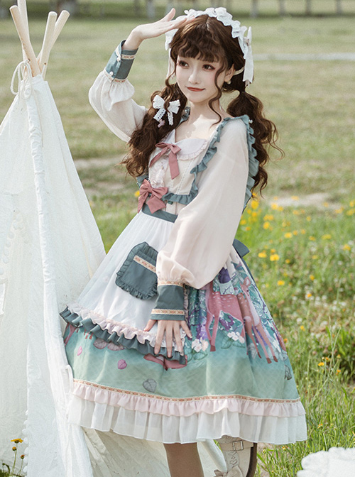 The Small Fawn Series OP Printing Sweet Lolita Long Sleeve Dress