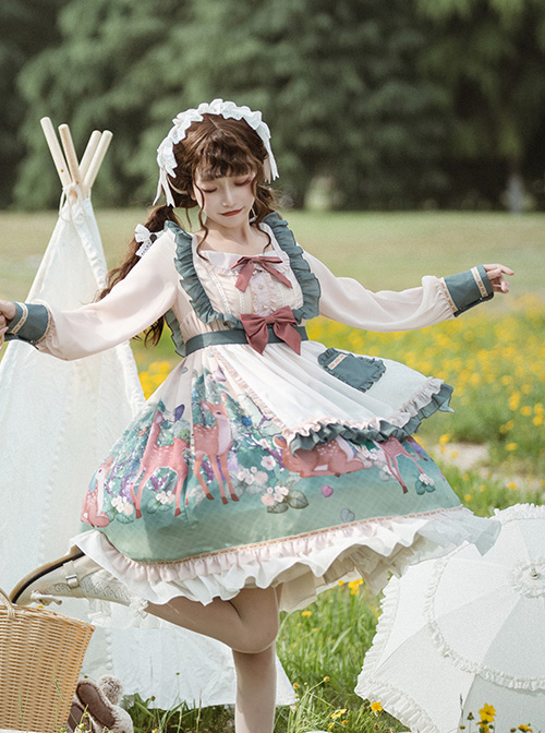 The Small Fawn Series OP Printing Sweet Lolita Long Sleeve Dress