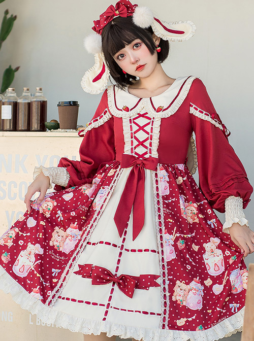 Strawberry Milkshake Series OP Sweet Lolita Long Sleeve Dress