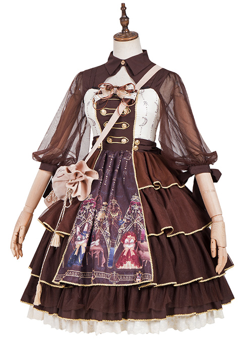 Pharmacist Series JSK Brown Multilayer Hem Retro Pastoral Style Sweet Lolita Sling Dress