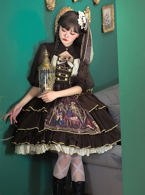 Pharmacist Series JSK Brown Multilayer Hem Retro Pastoral Style Sweet Lolita Sling Dress