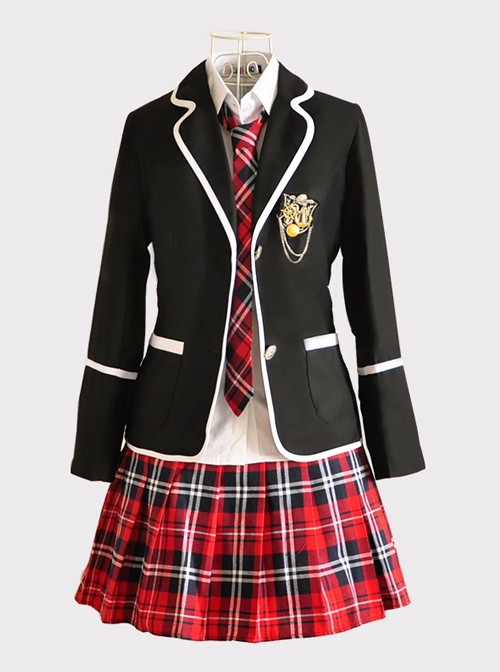 Middle School Students High School Students Uniform Suit Black Jacket Red Plaid Skirt Collegiate JK Uniform