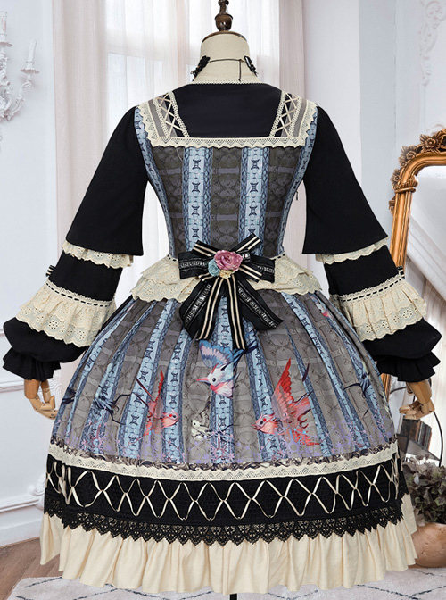 Sparrows In The Mirror Series OP Retro Classic Lolita Long Sleeve Dress