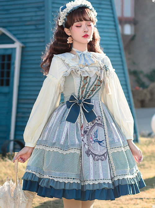 Sparrows In The Mirror Series JSK Type I Light Blue Retro Pastoral Style Sweet Lolita Sling Dress