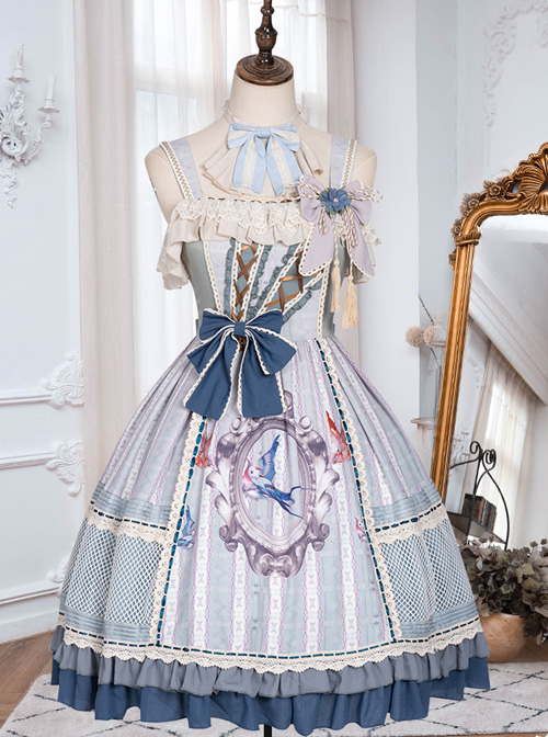 Sparrows In The Mirror Series JSK Type I Light Blue Retro Pastoral Style Sweet Lolita Sling Dress