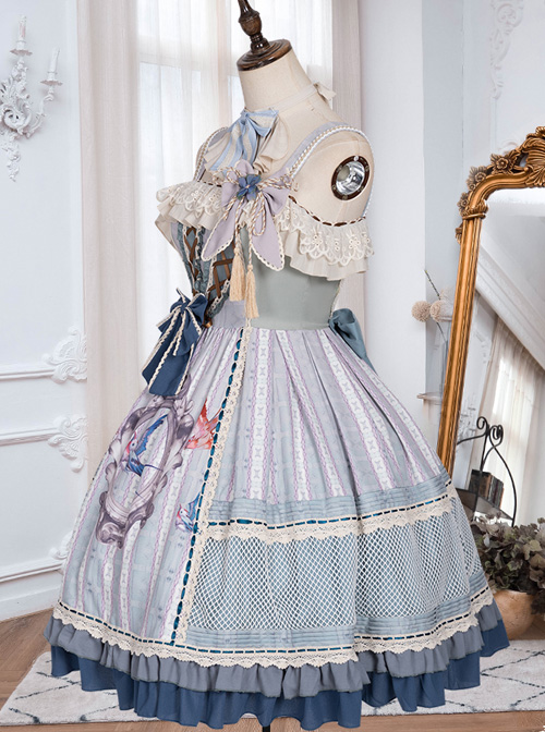 Sparrows In The Mirror Series JSK Type I Light Blue Retro Pastoral Style Sweet Lolita Sling Dress