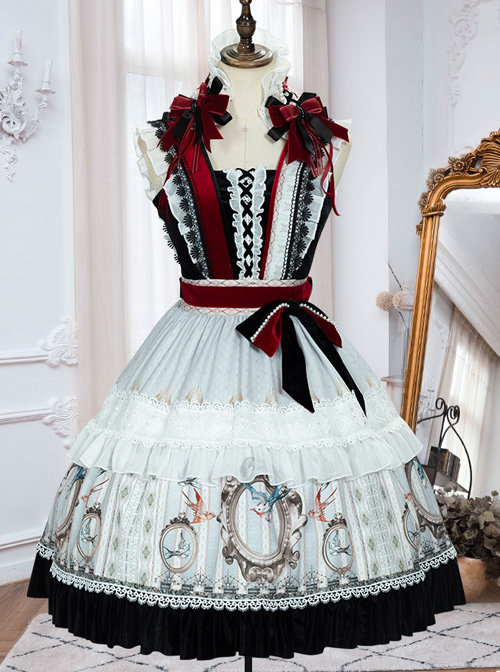 Sparrows In The Mirror Series JSK Type II Retro Contrast Color Sweet Lolita Sling Dress And Shirt Set