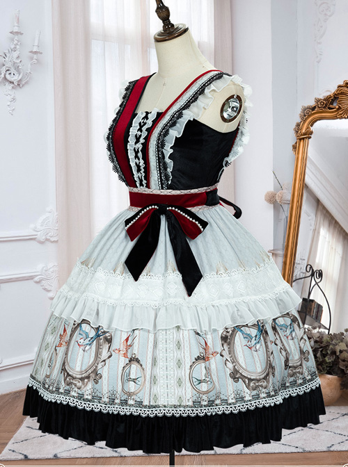 Sparrows In The Mirror Series JSK Type II Retro Contrast Color Sweet Lolita Sling Dress And Shirt Set