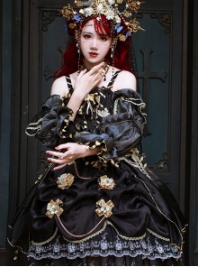 Golden Lily Series JSK Retro Elegant Palace Style Gothic Lolita Black And Golden Sling Dress