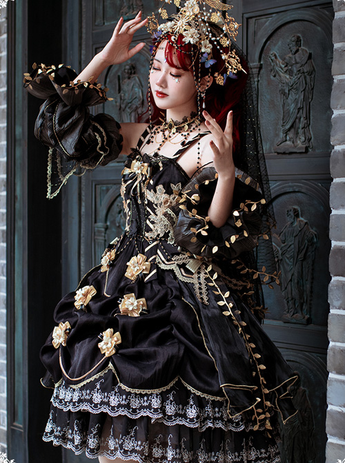 Golden Lily Series JSK Retro Elegant Palace Style Gothic Lolita Black And Golden Sling Dress