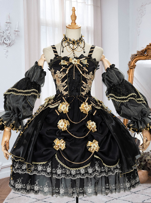 Golden Lily Series JSK Retro Elegant Palace Style Gothic Lolita Black And Golden Sling Dress