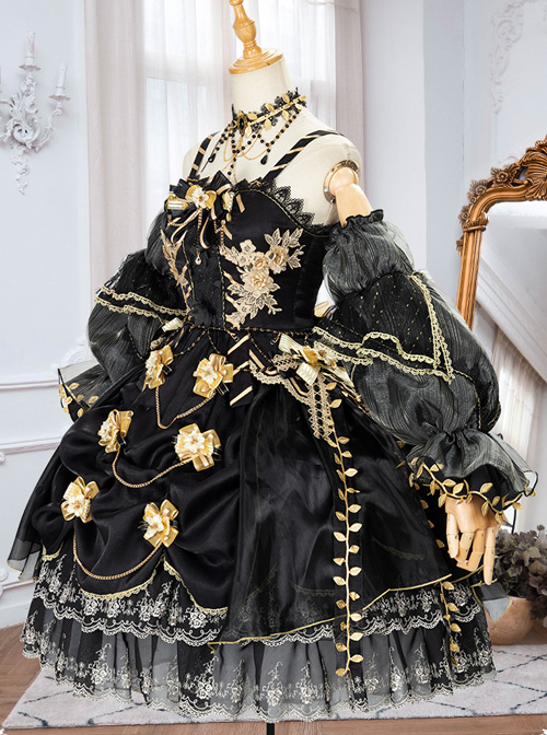 Golden Lily Series JSK Retro Elegant Palace Style Gothic Lolita Black And Golden Sling Dress