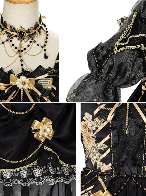 Golden Lily Series JSK Retro Elegant Palace Style Gothic Lolita Black And Golden Sling Dress