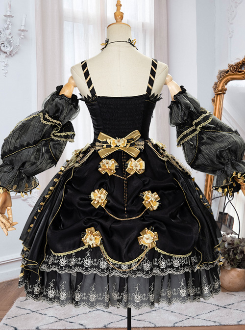 Golden Lily Series JSK Retro Elegant Palace Style Gothic Lolita Black And Golden Sling Dress