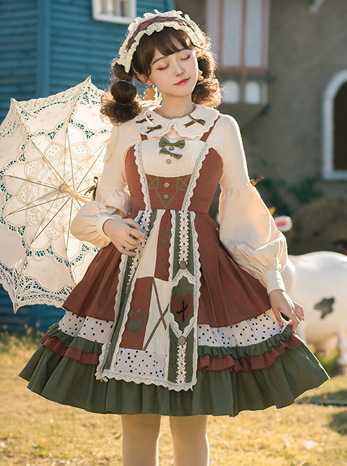Pure Color Pastoral Style Stitching Design Sweet Lolita Sling Dress