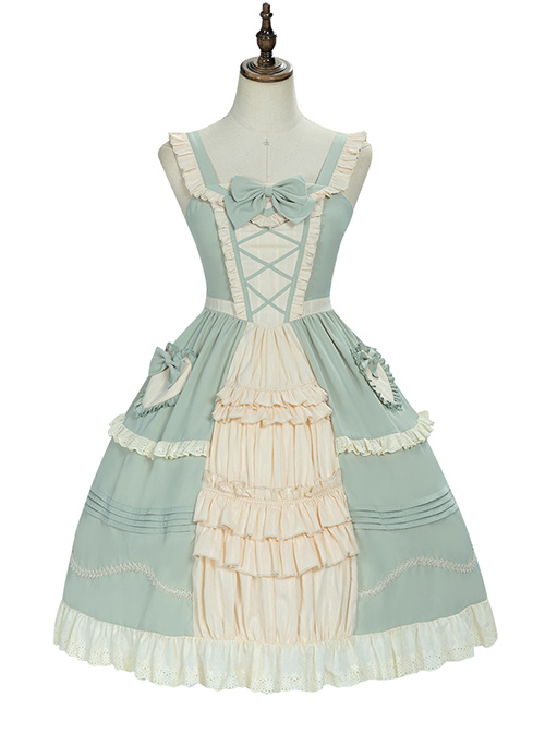 Pastoral Style Open Front Light Green Classic Lolita Ruffle Sling Dress