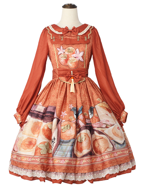 Persimmon Printing OP Chinese Style Sweet Lolita Long Sleeve Dress