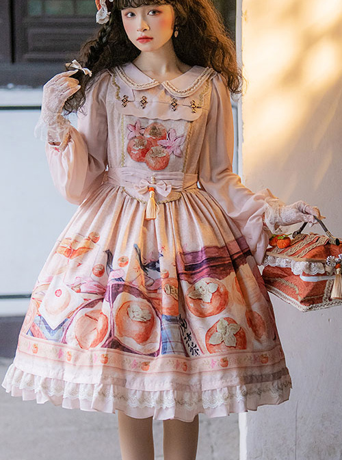 Persimmon Printing OP Chinese Style Sweet Lolita Long Sleeve Dress