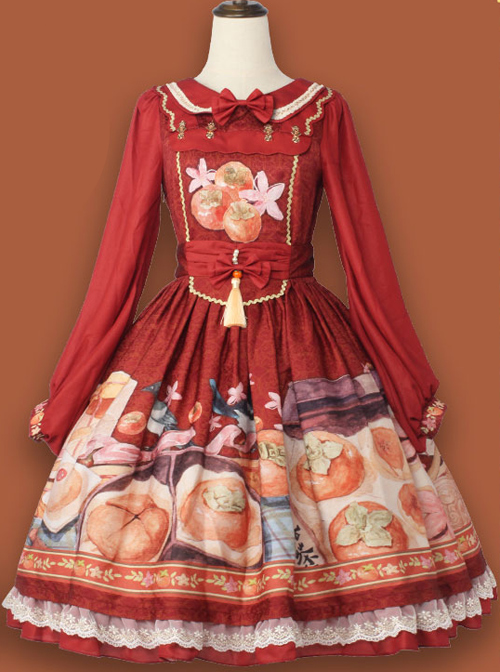 Persimmon Printing OP Chinese Style Sweet Lolita Long Sleeve Dress