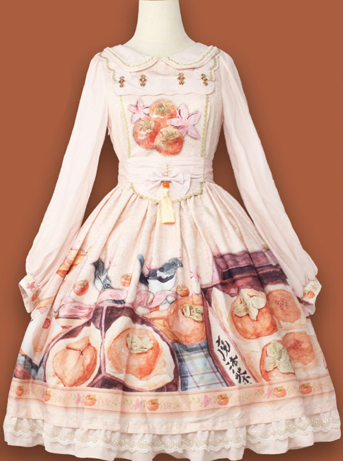 Persimmon Printing OP Chinese Style Sweet Lolita Long Sleeve Dress