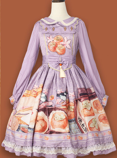 Persimmon Printing OP Chinese Style Sweet Lolita Long Sleeve Dress